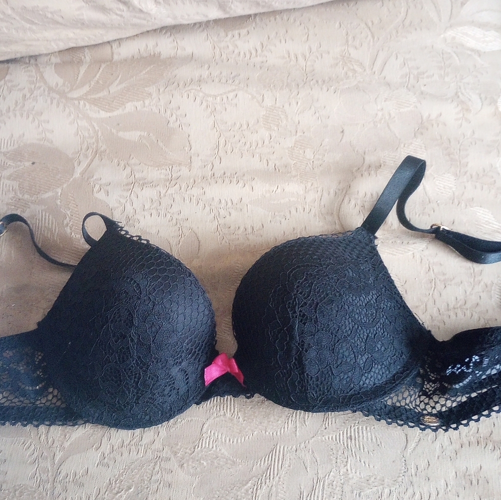 Betsey Johnson Black Lace Bra with Pink Bow Accent